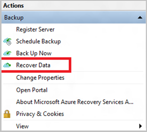 Screenshot di Backup di Azure, con Recupera dati evidenziati (ripristino al computer alternativo)