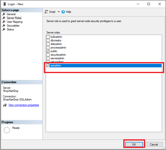 Verificare che sia selezionato il ruolo del server sysadmin