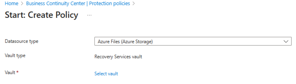 Screenshot che mostra per selezionare Condivisione file di Azure come tipo di criterio.