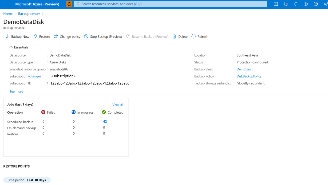 Screenshot che mostra il processo per eliminare un'istanza di backup.