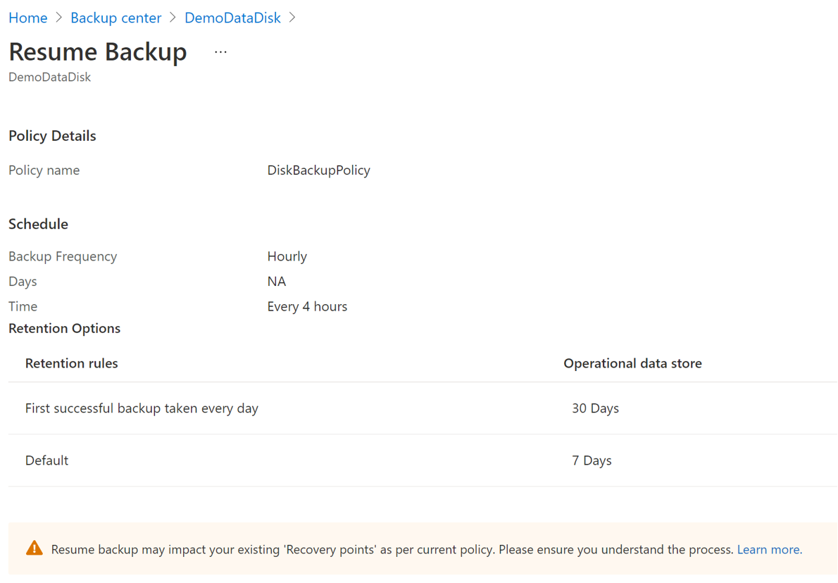 Screenshot che mostra l'opzione per riprendere il backup del disco.