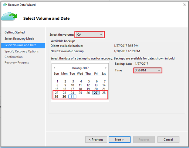 Selezionare volume e data