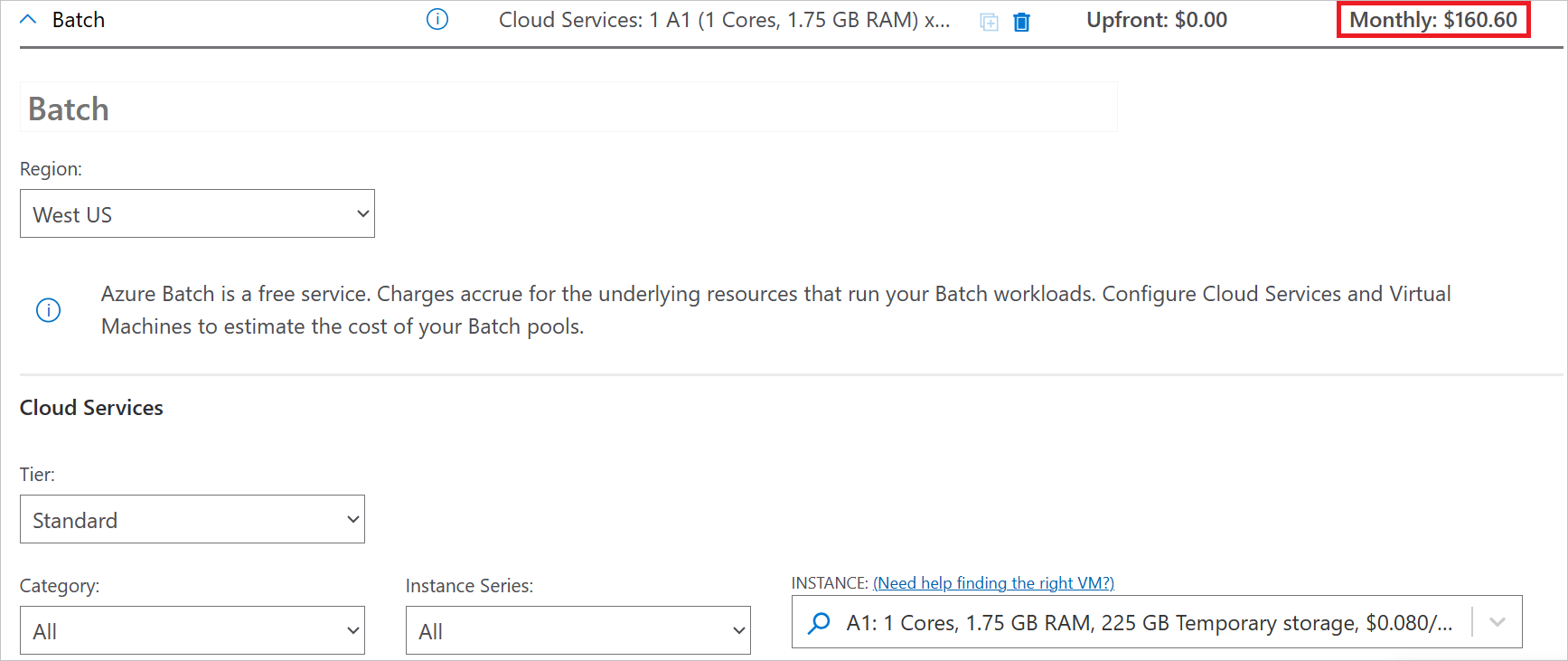 Screenshot che mostra la sezione stima e le opzioni principali disponibili per Azure Batch.