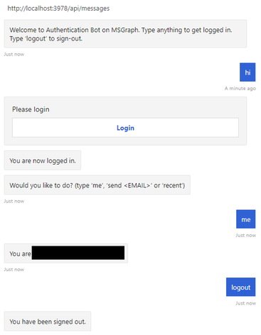 Conversazione di esempio con il bot di esempio di autenticazione di Microsoft Graph.