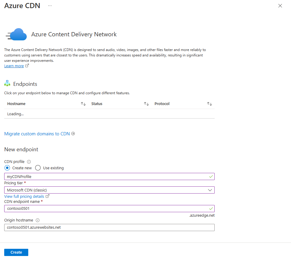 Screenshot della creazione del profilo e dell'endpoint della Rete per la distribuzione di contenuti di Azure nel portale.