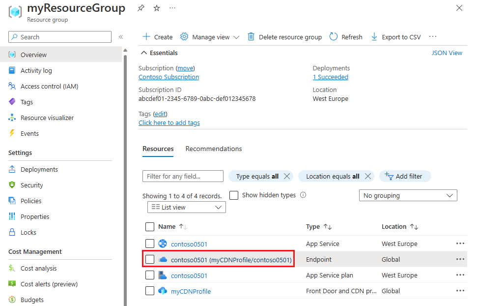 Screenshot dell'endpoint della Rete per la distribuzione di contenuti di Azure dal gruppo di risorse.