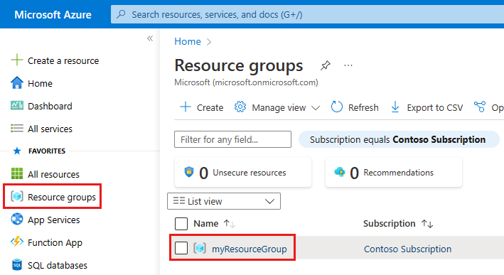 Screenshot della selezione del gruppo di risorse nel riquadro del menu a sinistra nel portale.