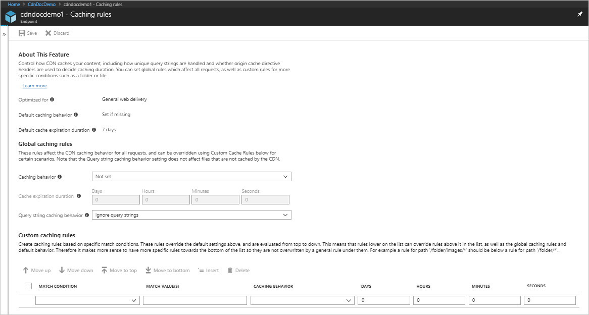 Screenshot del pulsante regole di memorizzazione nella cache della rete per la distribuzione di contenuti.