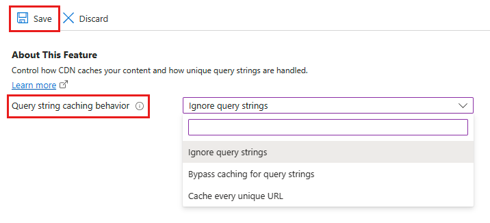 Screenshot che illustra le opzioni di memorizzazione nella cache delle stringhe di query della rete per la distribuzione di contenuti.