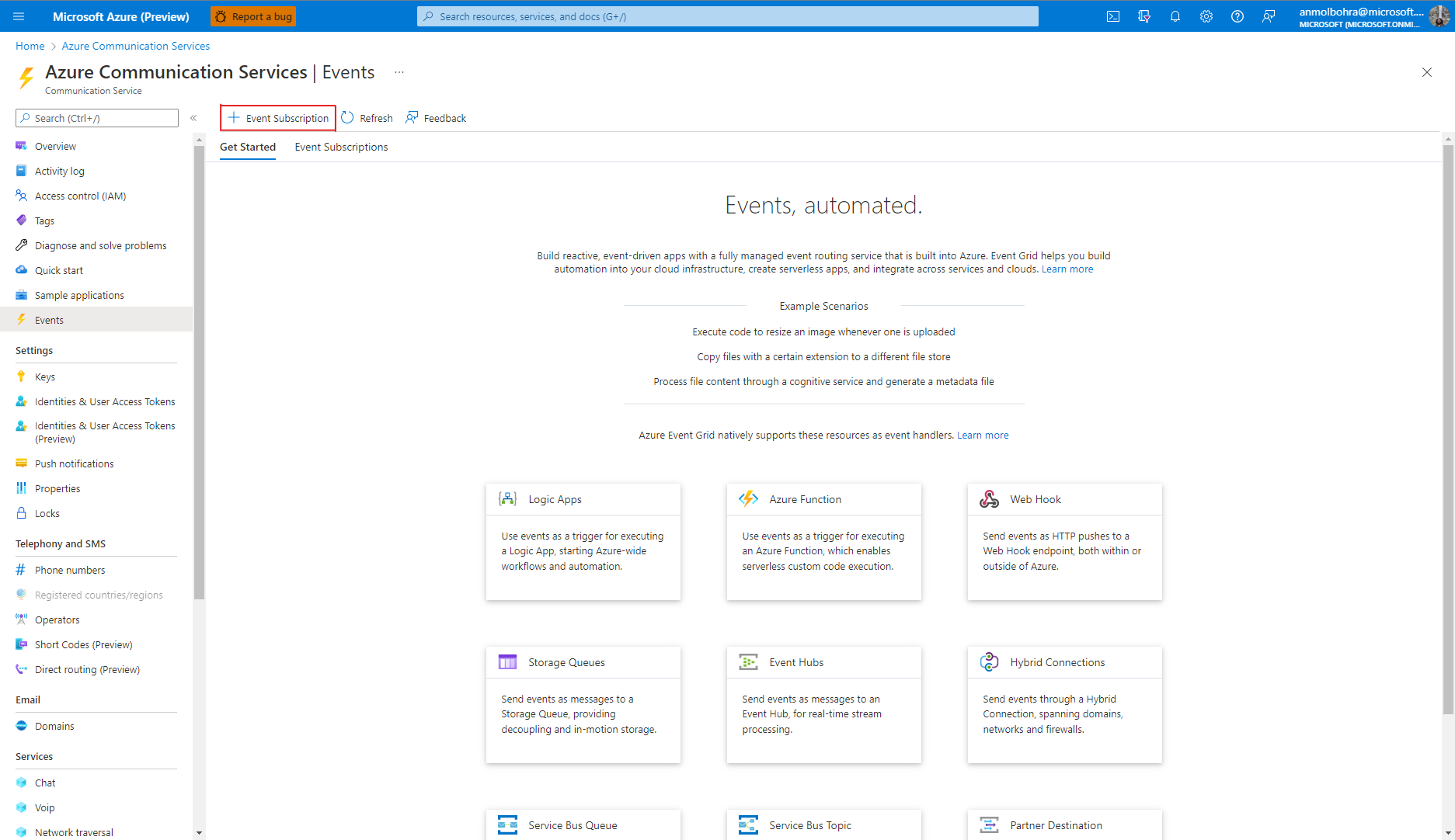 Screenshot che mostra la pagina Eventi di una risorsa di Servizi di comunicazione di Azure. Viene visualizzato il pulsante Sottoscrizione eventi.