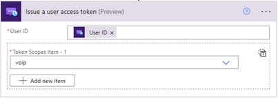 Screenshot che mostra l'azione Servizi di comunicazione di Azure Identity Connector Issue access token (Problema token di accesso), specificando l'ambito del token.