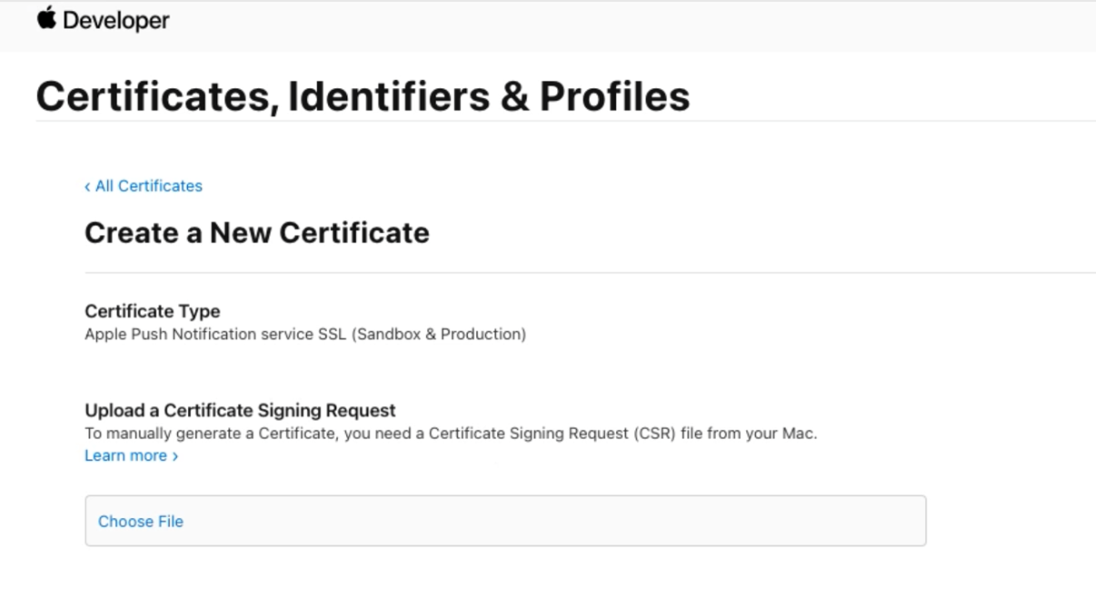 Screenshot che mostra l'opzione per caricare una richiesta di firma del certificato.