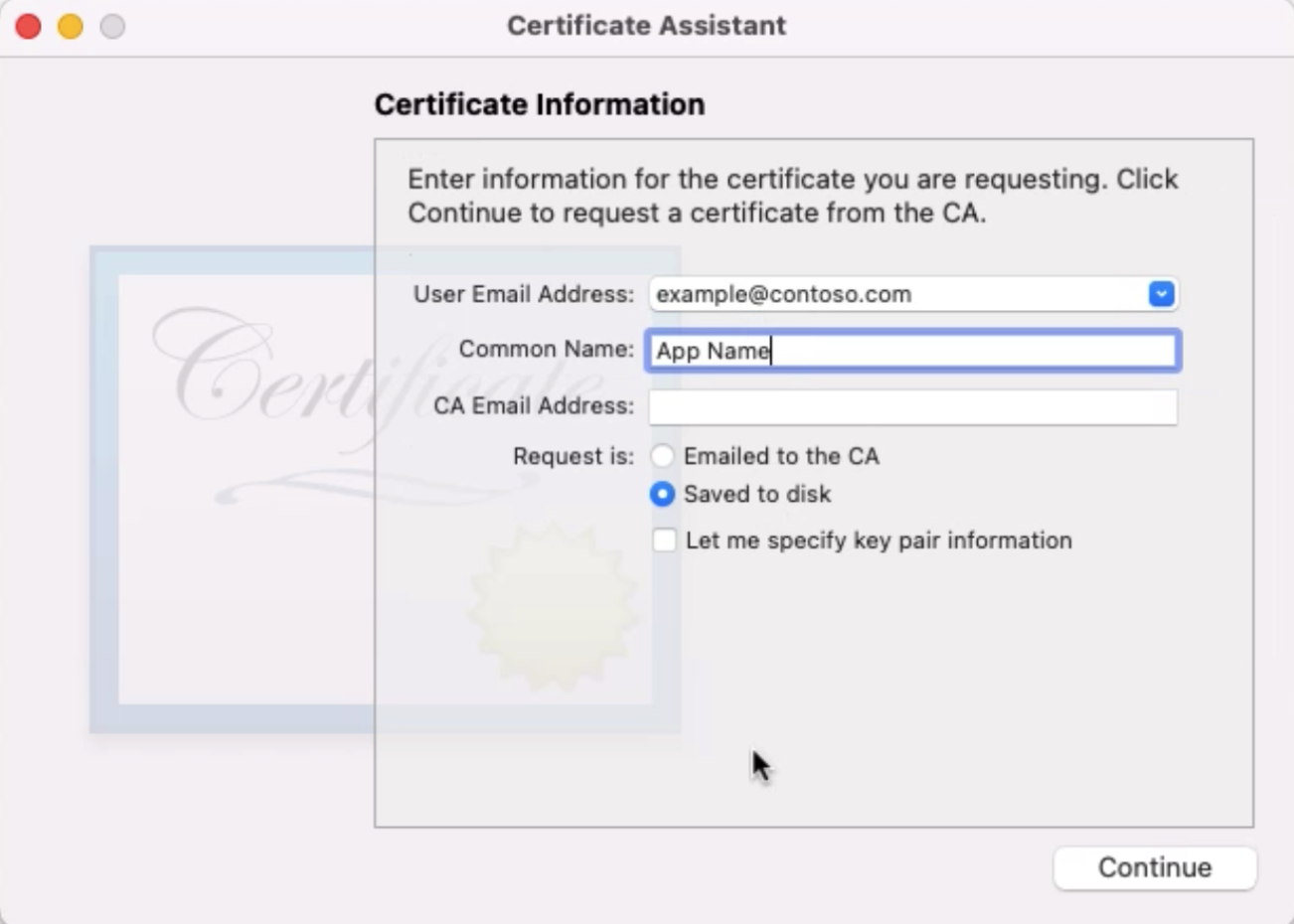 Screenshot che mostra un esempio di compilazione delle informazioni sul certificato.