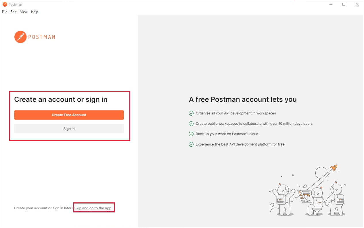 Schermata Start di Postman che mostra la possibilità di creare un account o di ignorare e passare all'app.