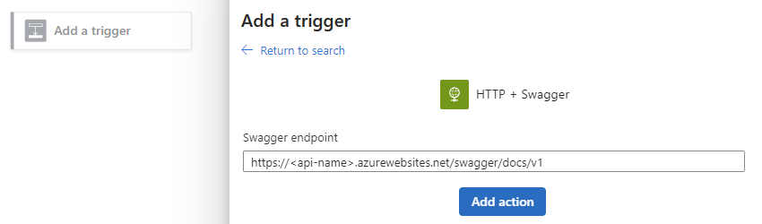 Screenshot che mostra la finestra di progettazione del flusso di lavoro con il riquadro Aggiungi forma trigger e informazioni selezionato per il trigger HTTP + Swagger. La proprietà dell'endpoint Swagger è impostata su un URL di esempio.