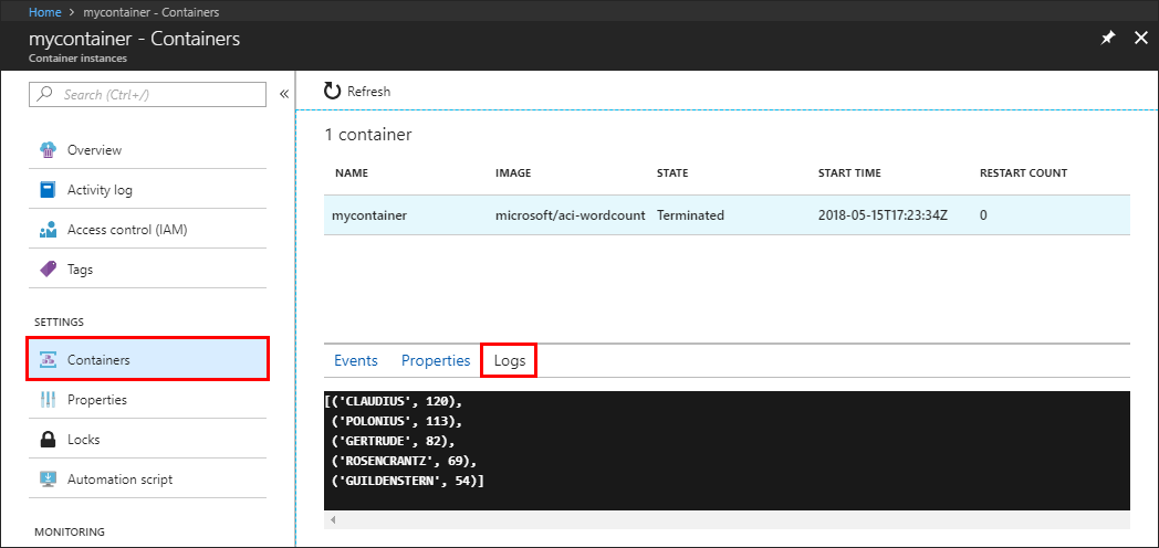 Portale che visualizza l'output del log del contenitore