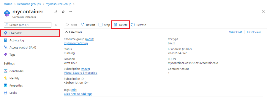 Eliminazione dell'istanza di contenitore nel portale di Azure