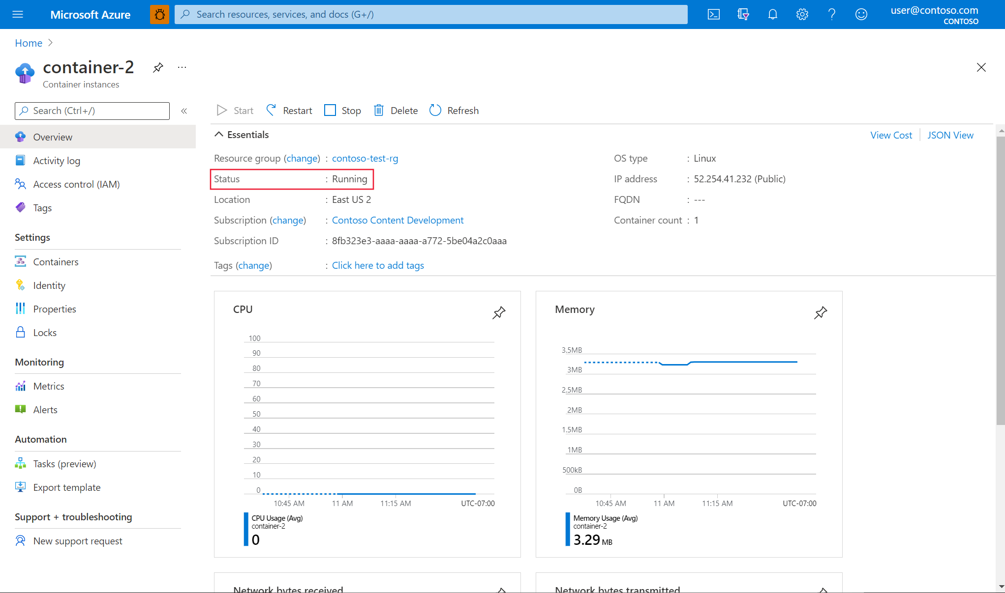 Il pannello panoramica per la risorsa nel portale di Azure viene visualizzato in un Web browser. Il testo 'Status: Running' è evidenziato.