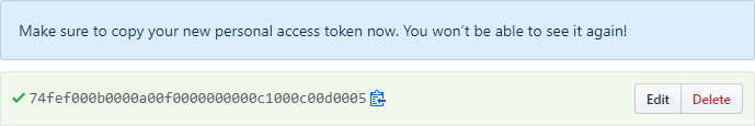 Screenshot del token di accesso personale generato in GitHub