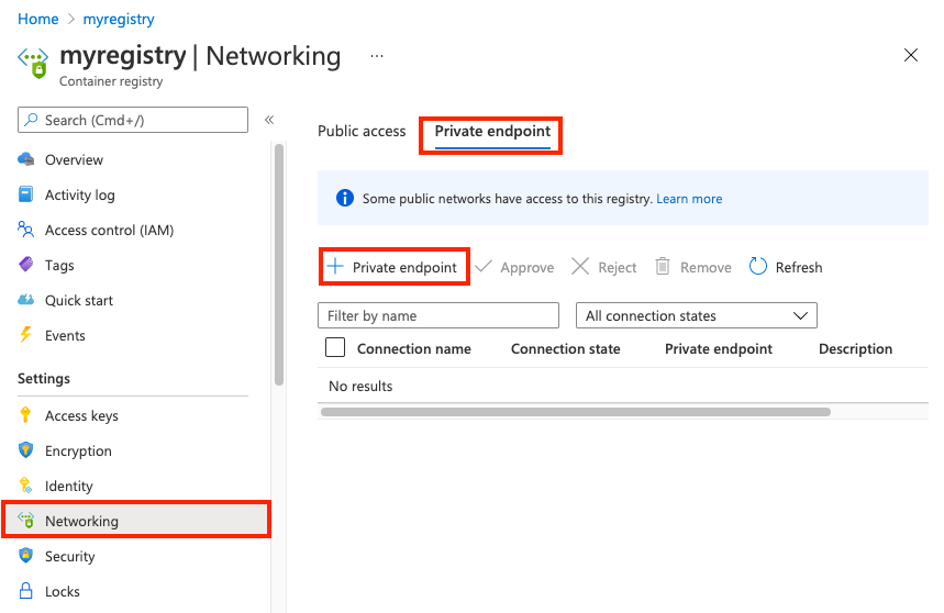 Aggiungere un endpoint privato al Registro di sistema