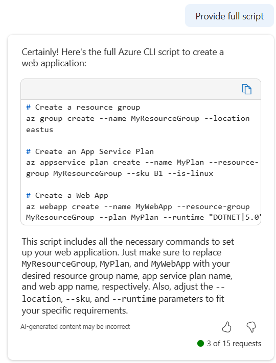 Screenshot di Microsoft Copilot in Azure che fornisce uno script completo dell'interfaccia della riga di comando di Azure per creare un'app Web.