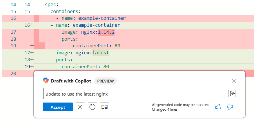 Screenshot che mostra le modifiche apportate da Microsoft Copilot in Azure al file YAML.