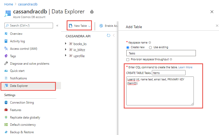 Screenshot di Esplora dati durante la creazione di una nuova raccolta con velocità effettiva a livello di database