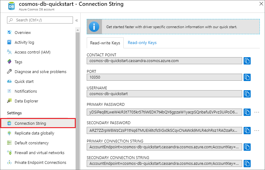 Screenshot che mostra come visualizzare e copiare il punto di contatto, il nome utente e la password dalla pagina Stringa di connessione.