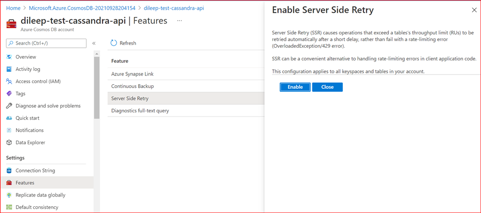 Screenshot della funzionalità di ripetizione dei tentativi sul lato server per Azure Cosmos DB per Apache Cassandra