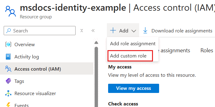 Screenshot dell'opzione 'Aggiungi ruolo personalizzato' nel menu 'Controllo di accesso (IAM)' per l'opzione 'Aggiungi'.