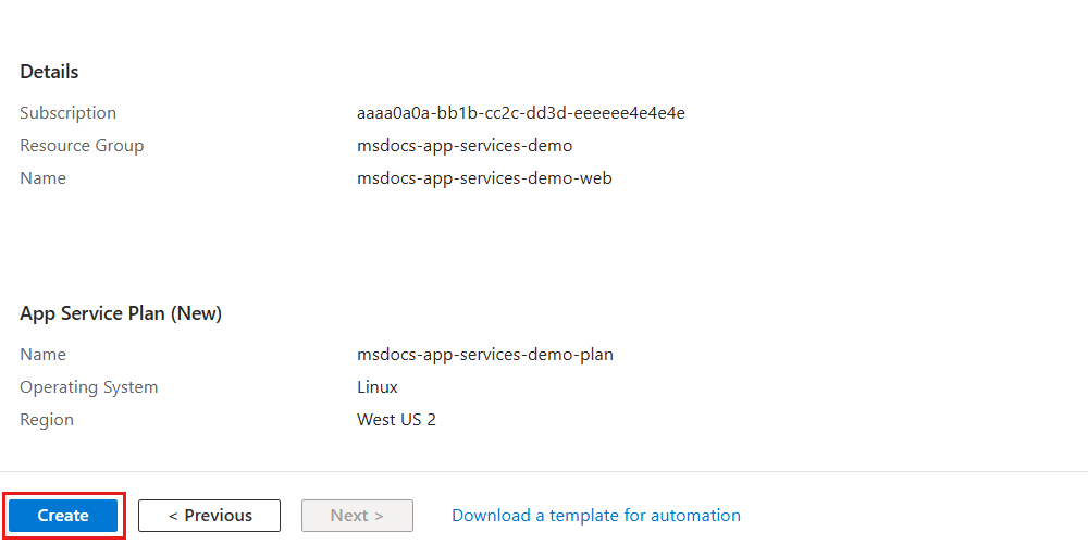 Screenshot del passaggio di convalida delle risorse nell'esperienza di creazione per una risorsa app Web.