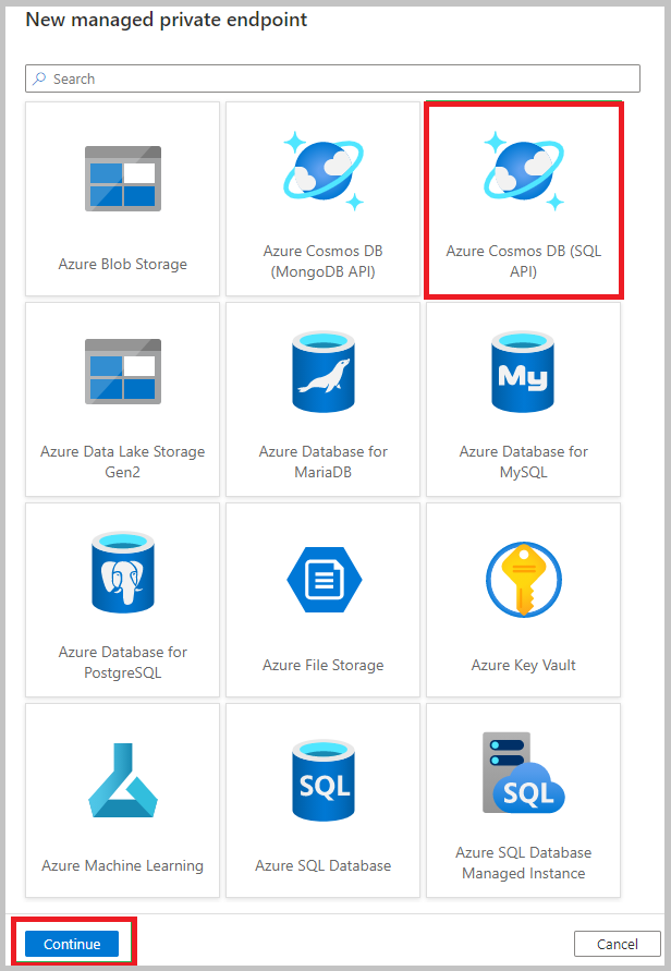 Selezionare l'API Azure Cosmos DB per NoSQL per creare un endpoint privato.