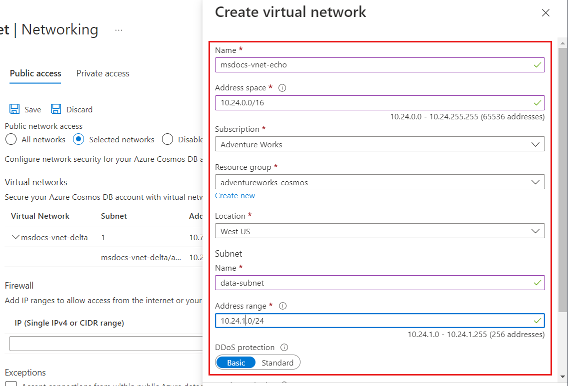 Screenshot della finestra di dialogo per creare una nuova Rete virtuale di Azure, configurare una subnet e quindi abilitare l'endpoint del servizio Azure Cosmos DB.