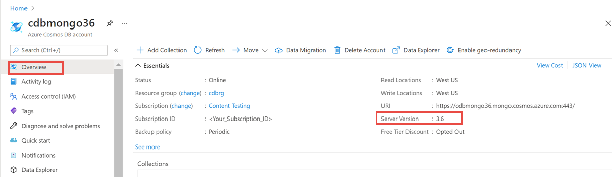 Screenshot di come controllare la versione corrente dell'account MongoDB dal portale di Azure.