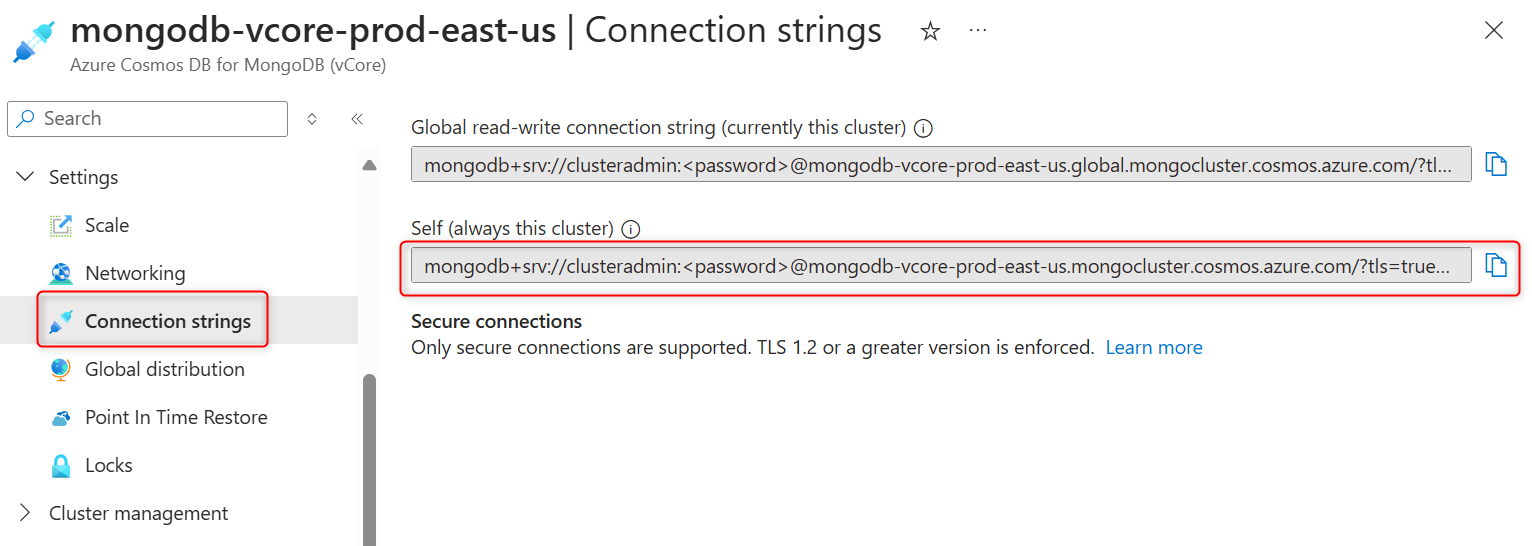 Screenshot dell'opzione relativa alle stringhe di connessione nella pagina per un cluster.