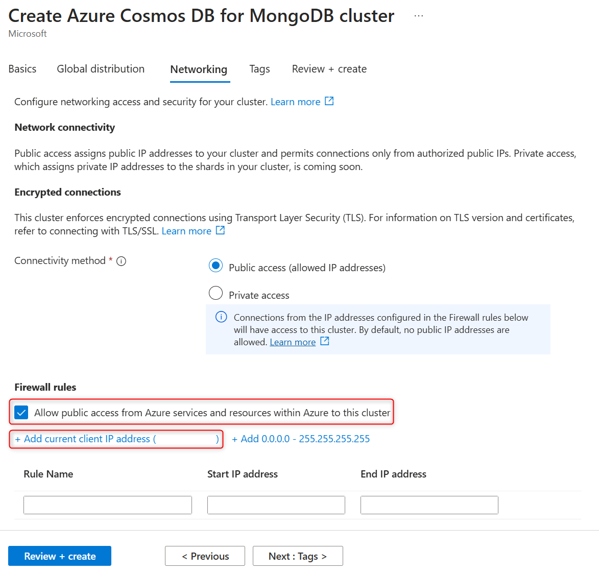 Screenshot delle opzioni relative a rete e firewall per un cluster.