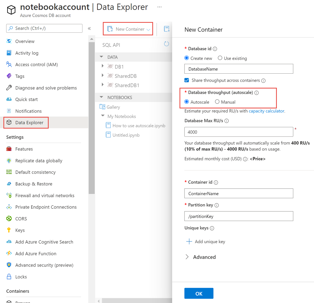 Creazione di un contenitore e configurazione del provisioning della velocità effettiva per la scalabilità automatica