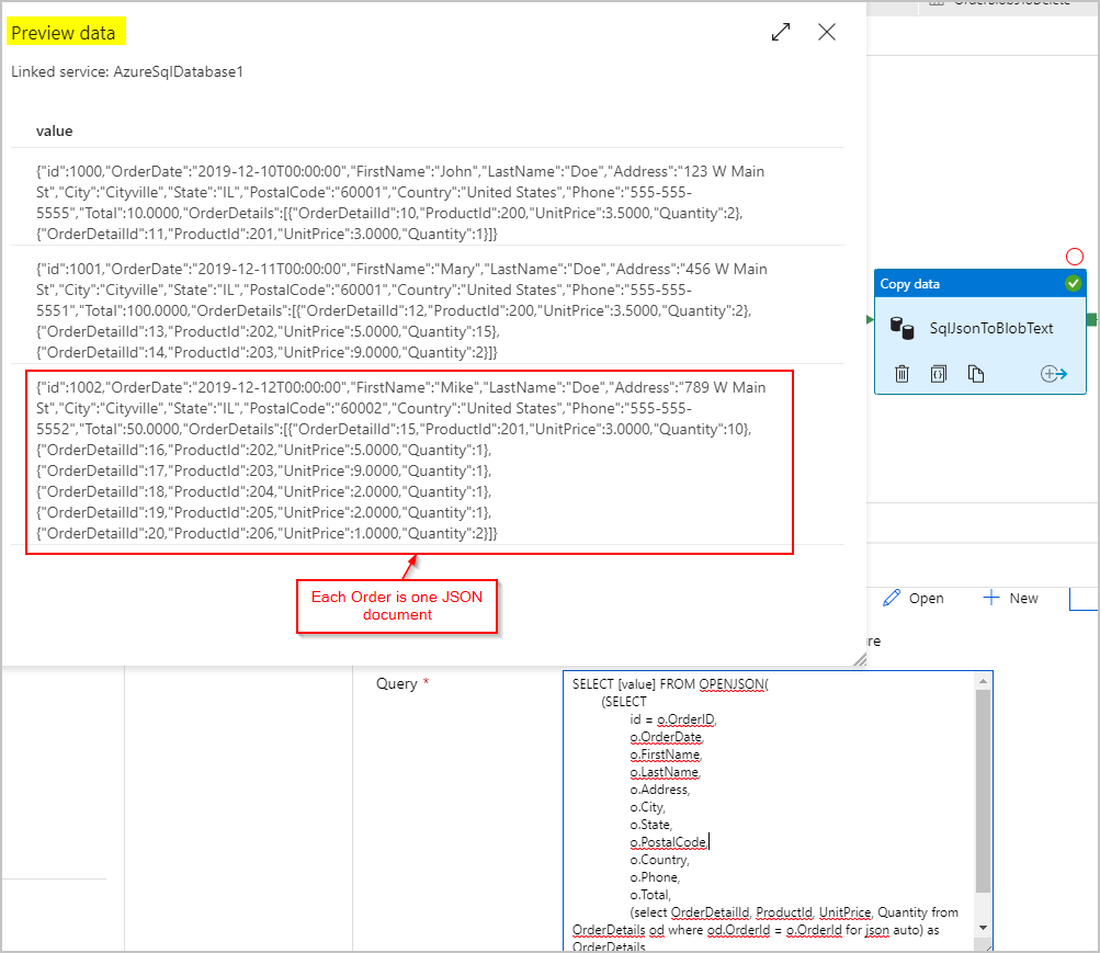 Screenshot dei valori di anteprima nell'operazione di copia di Azure Data Factory.