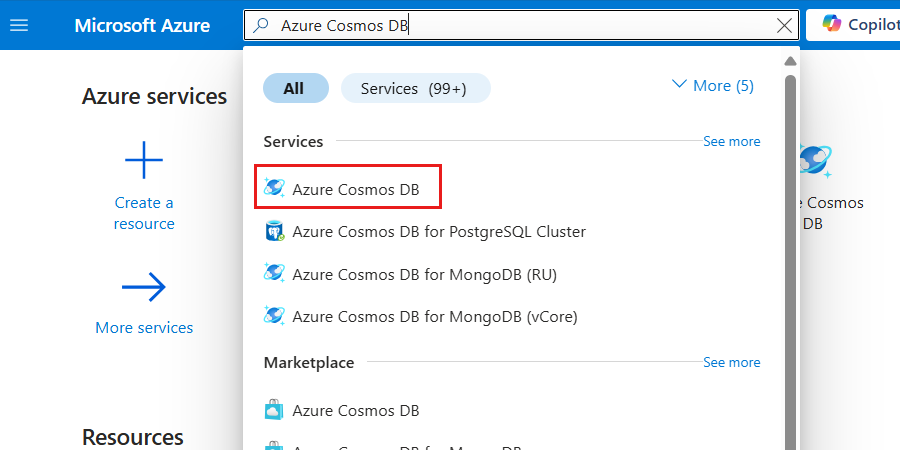 Screenshot dell'opzione Azure Cosmos DB selezionata nel menu di ricerca.