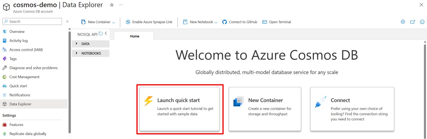 Screenshot che illustra come caricare un set di dati di esempio in un database e in un contenitore.