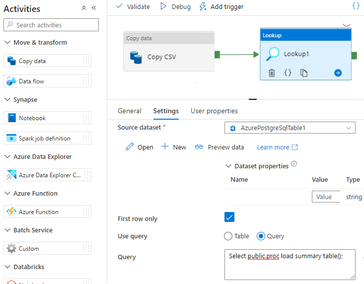 Screenshot che mostra la chiamata di una procedura in Azure Data Factory.