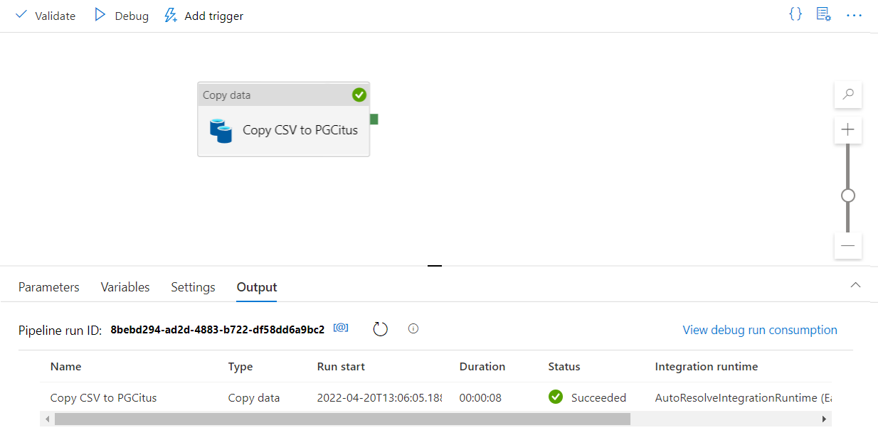 Screenshot che mostra Debug ed Esegui in Azure Data Factory.