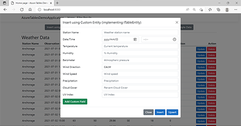 Screenshot dell'applicazione che mostra la finestra di dialogo utilizzata per inserire dati usando un oggetto con campi personalizzati.