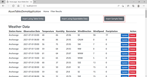 Screenshot dell'applicazione che mostra il percorso del pulsante di inserimento dati di esempio.