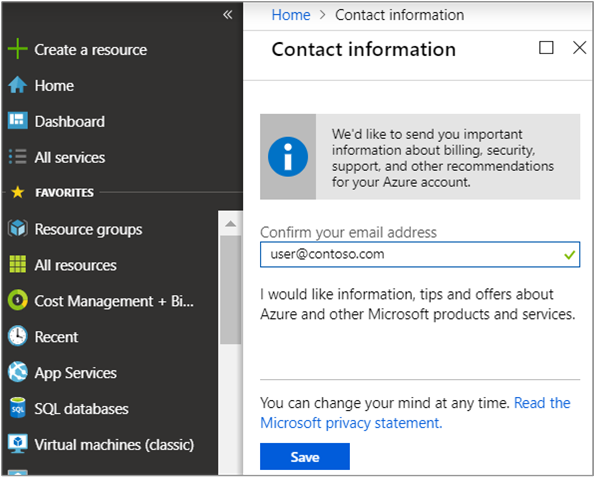 Esempio con screenshot di aggiornamento di un indirizzo di posta elettronica in Azure.