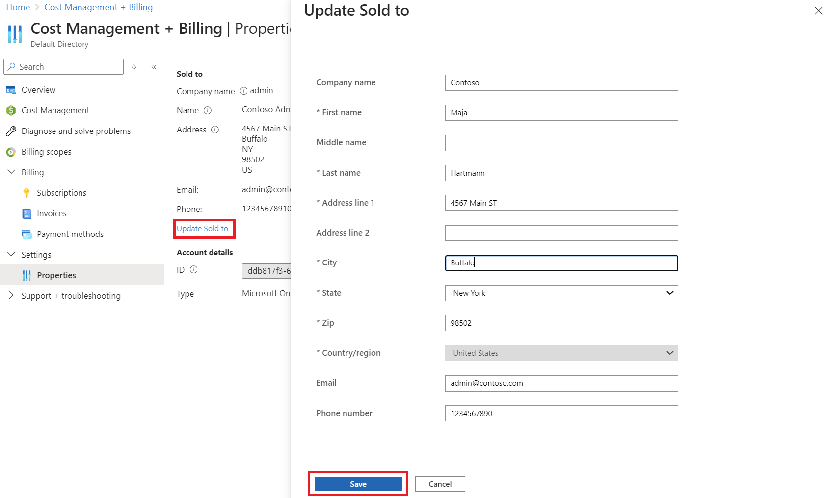 Screenshot che illustra l'indirizzo aggiornato per l'account di fatturazione del Programma Sottoscrizione Microsoft Online.