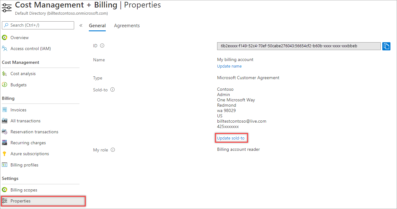 Screenshot che illustra le proprietà di un account di fatturazione del Contratto del cliente Microsoft in cui è possibile modificare l'indirizzo dell'acquirente.