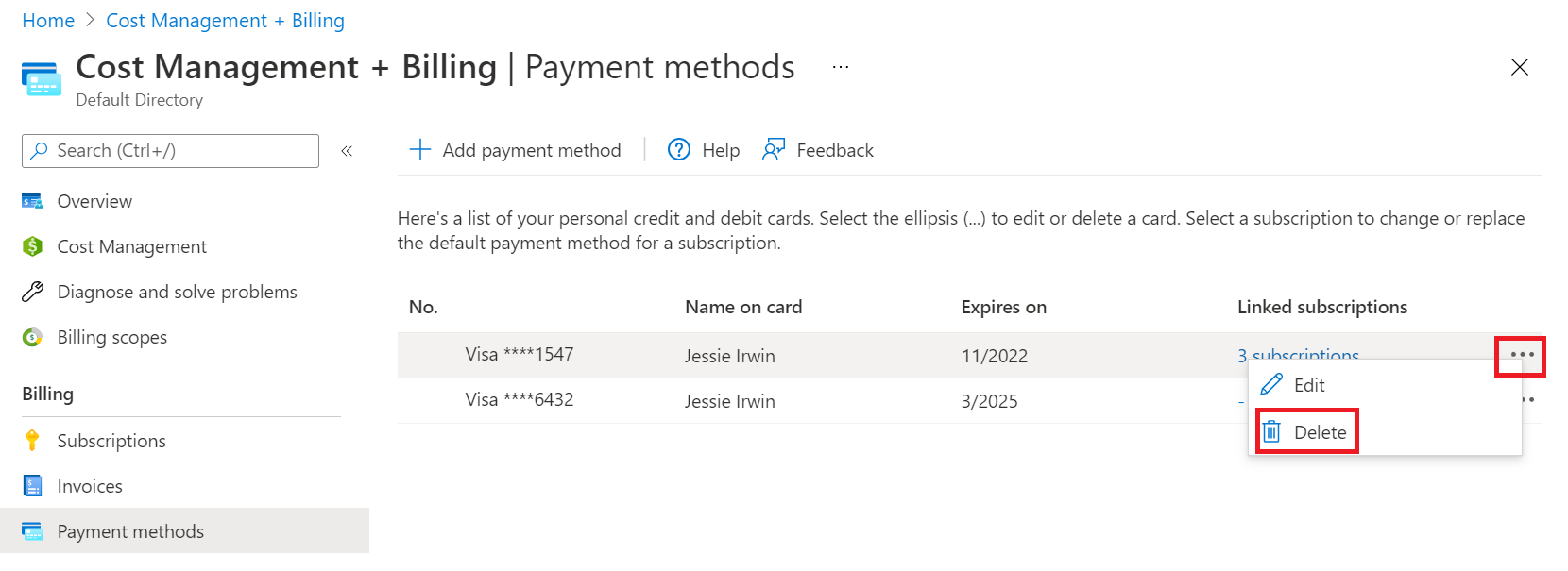 Screenshot di esempio che mostra le selezioni per l'eliminazione di un metodo di pagamento per un account Microsoft Online Subscription Program.