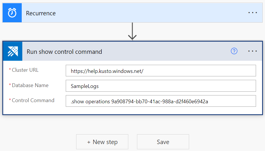 Screenshot del connettore azure Esplora dati che mostra l'azione Esegui comando di gestione show.