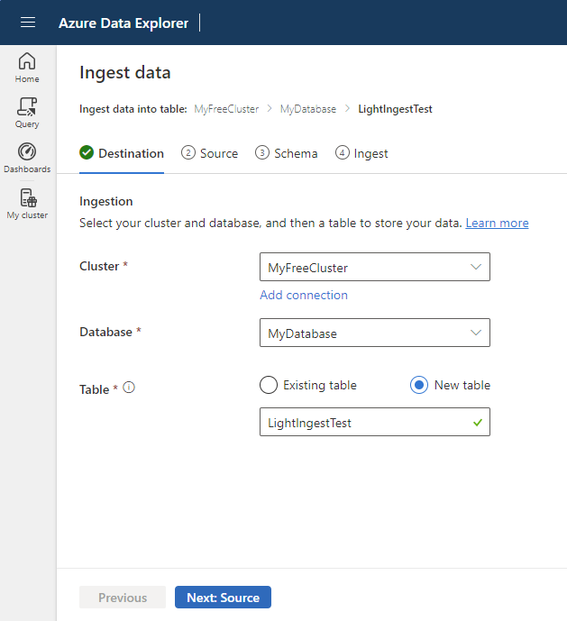 Screenshot della scheda di destinazione che mostra il database e la tabella di destinazione.